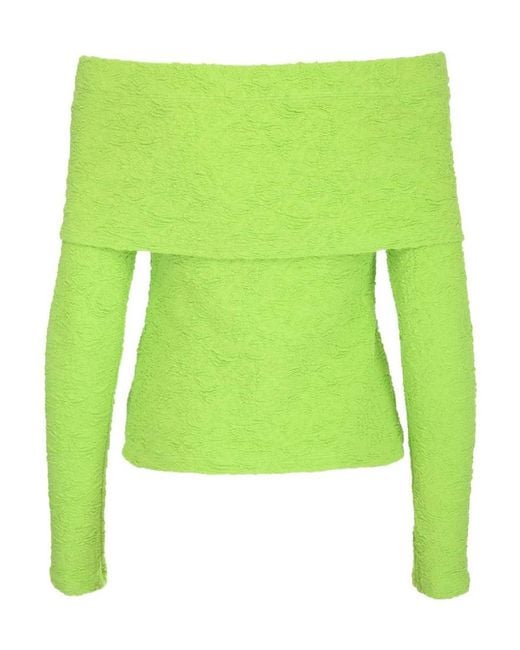 MSGM Green Embossed Off-Shoulder Long Sleeved Top