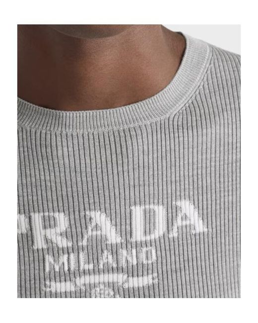 Prada Gray Silk Crew-Neck Sweater With Logo