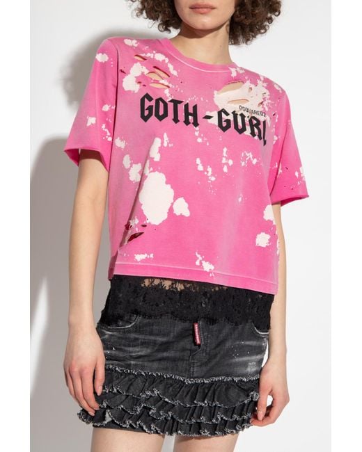 DSquared² Pink Lace Hem Distressed T-Shirt