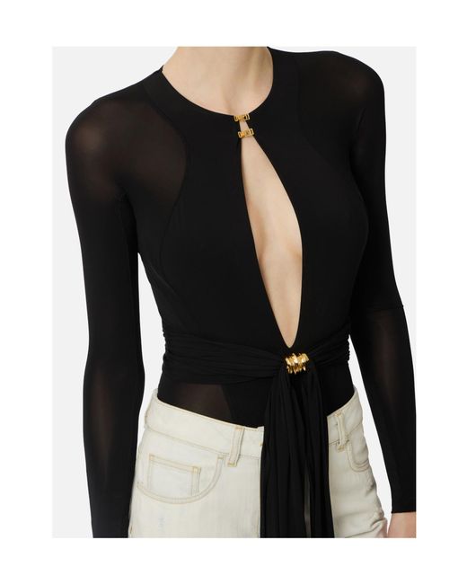 Elisabetta Franchi Black Cut-Out Long-Sleeve Bodysuit Top