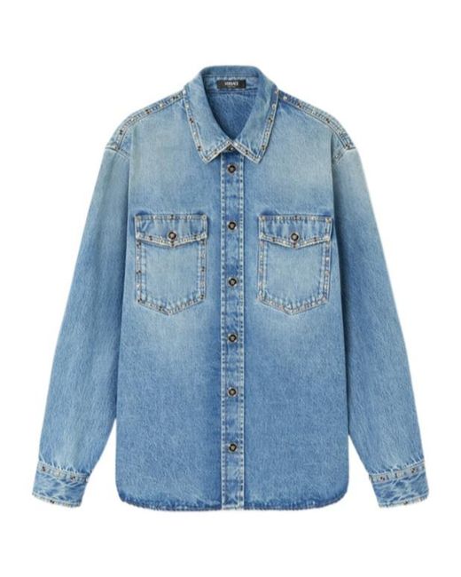 Versace Blue Embellished Denim Overshirt for men