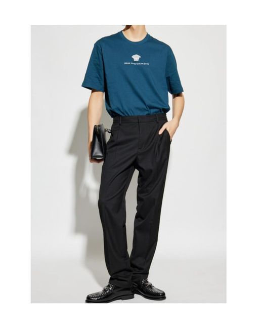 Versace Blue Logo Embroidered Crewneck T-Shirt for men