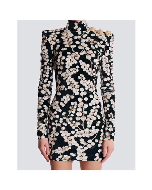 Balmain Black Backless Velvet Dress With Redcurrant Print