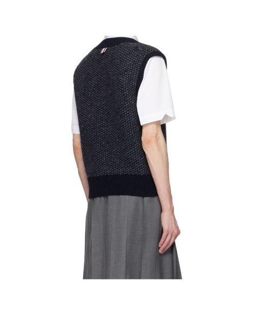 Thom Browne Blue 4-Bar Textured-Knit Vest for men