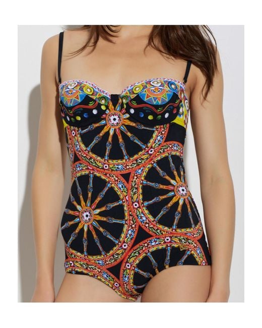Dolce & Gabbana Black Carretto-Print Balconette One-Piece Swimsuit