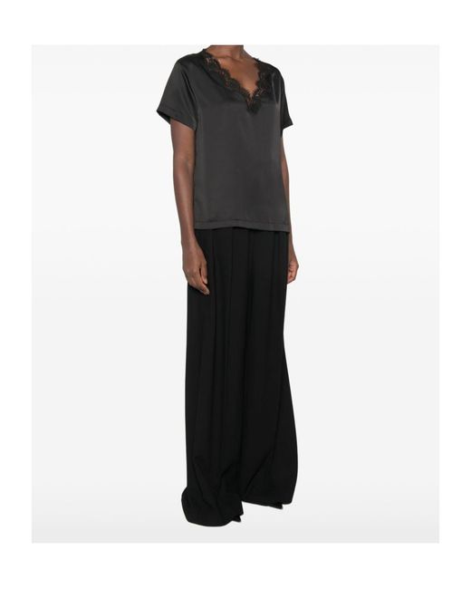 ERMANNO FIRENZE Black V-Neck Lace-Trim Top