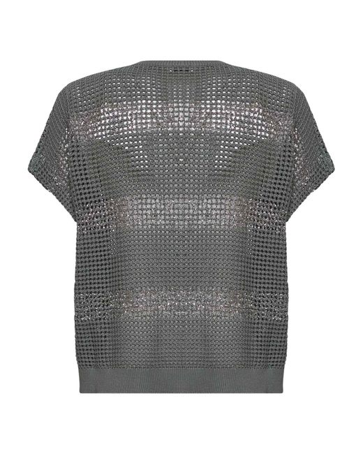 Brunello Cucinelli Gray Khaki Cotton Net Knit Sweater With Dazzling Stripes