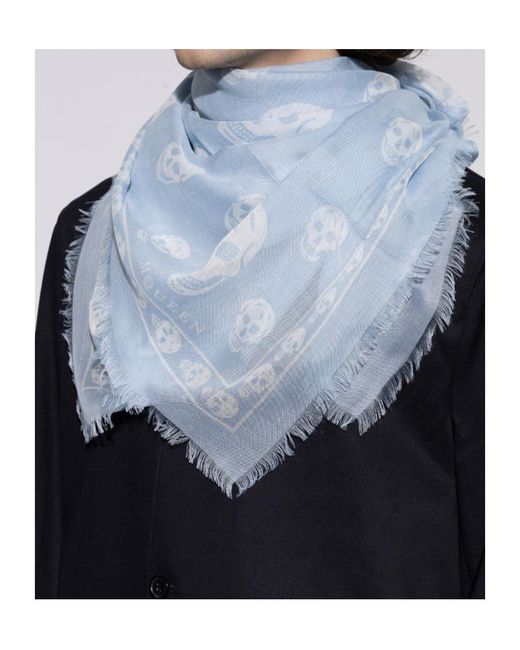 McQueen Blue Classic Skull Printed Frayed-Edeg Scarf for men