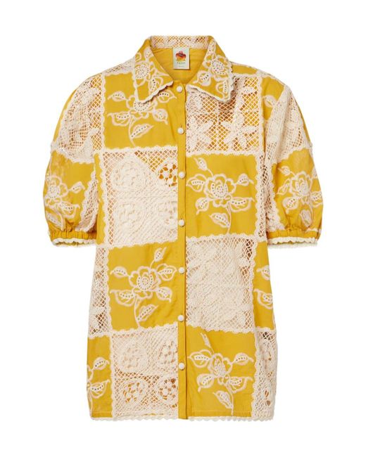 Farm Rio Yellow Embroidered Lace-Trimmed Cotton Shirt