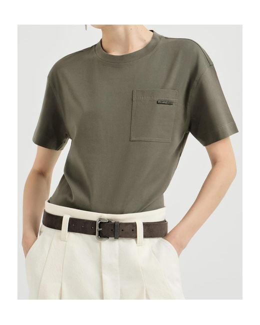 Brunello Cucinelli Green Cotton Jersey T-Shirt With Shiny Tab