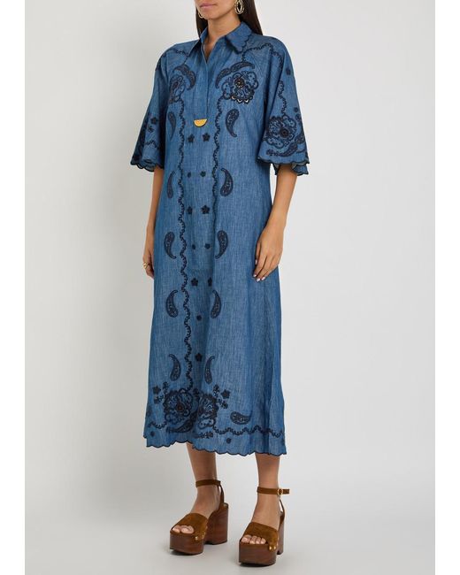 Zimmermann Blue Aster Embroidered Denim Midi Dress