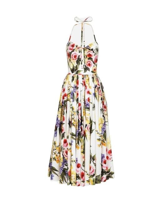 Dolce & Gabbana White Garden Printed Calf-Length Dress