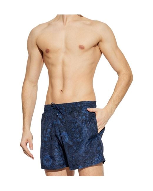 Etro Blue Paisley Printed Drawstring Swim Shorts for men
