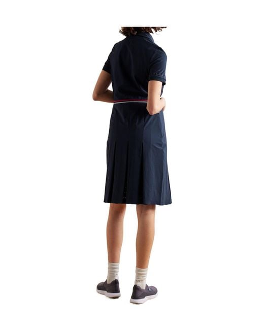 Bogner Blue Pleated Laser-Cut Striped Stretch-Jersey Golf Dress