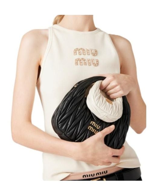 【MIU MIU】最新作★フリル Logo Rib Top Natural Ribbed Jersey Top With Embroidered Logo | Miu Miu