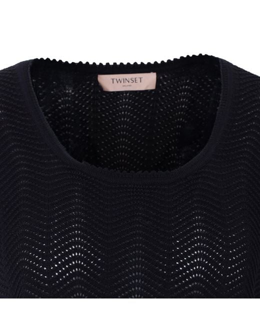 Twinset Blue Ruffled Openwork Knitted Top