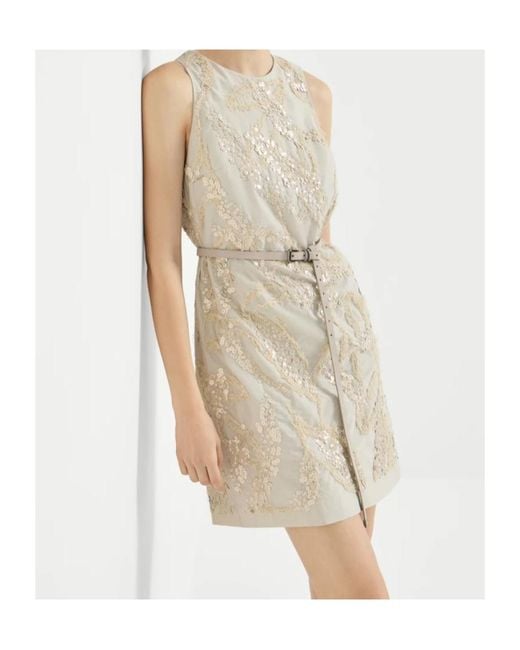 Brunello Cucinelli Natural Techno Cotton Poplin Mini Dress With Dazzling Seabed Embroidery