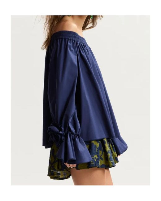 Essentiel Antwerp Blue Strapless Cotton Top With Rosette Details