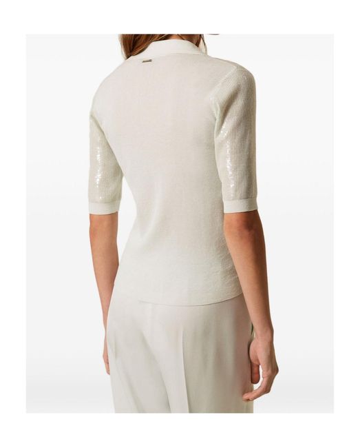 Twinset White Sequin Embellished Short-Sleeved Polo Shirt