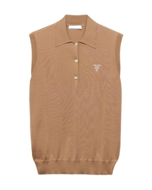 Prada Brown Sleeveless Knitted Polo Shirt
