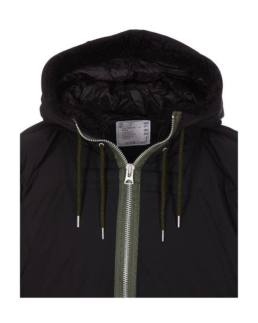Sacai Black Zipped Hooded Drawstring Parka for men