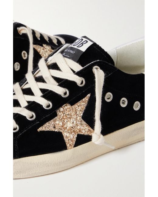 Golden Goose Deluxe Brand Black Super-Star Eyelet-Embellished Distressed Glittered Leather And Velvet Sneakers