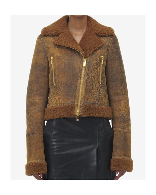 McQueen Brown Off-Center Zip Aviator Jacket