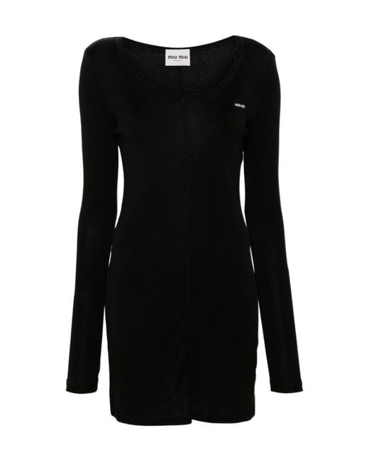 Miu Miu Black Logo-Patch Long-Sleeved Mini Dress