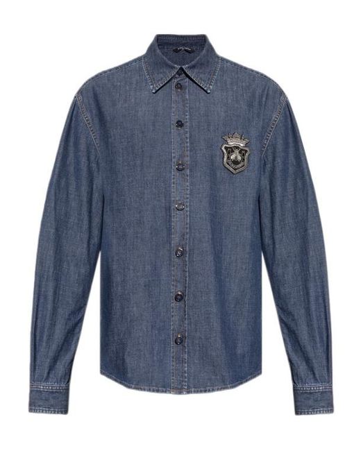 Dolce & Gabbana Blue Heraldic Emblem Denim Shirt for men