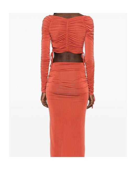 Balmain Red Ruched Long-Sleeve Crop Top