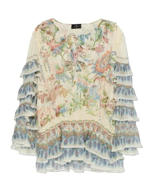 Etro White Floral Printed Ruffled Dress
