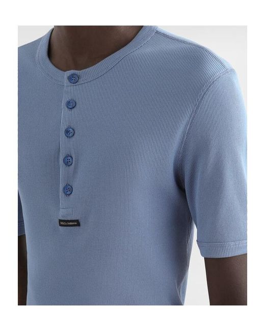 Dolce & Gabbana Blue Serafino Logo Patch Ribbed T-Shirt for men