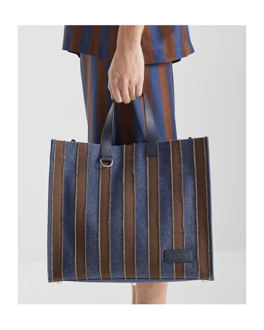 Fendi Blue Pequin Striped Denim Tote Bag for men