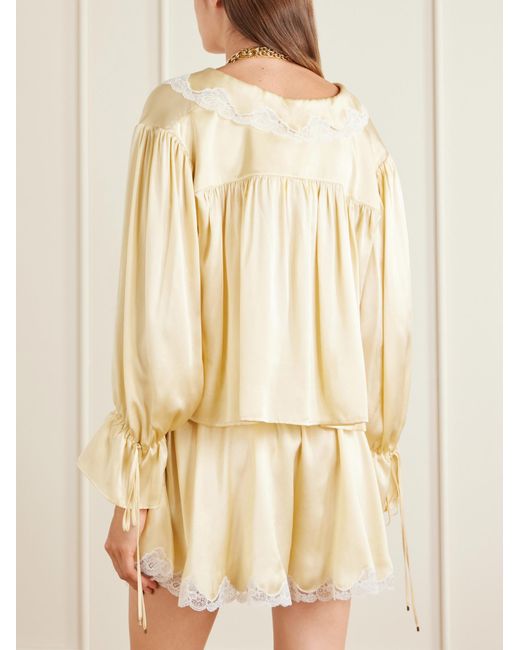 Chloé White Gathered Lace-Trimmed Silk-Satin Blouse