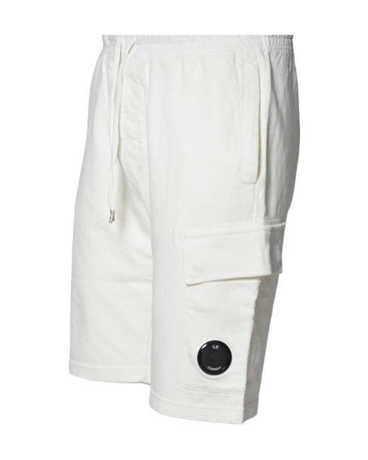 C P Company White Light Fleece Cargo Lens Shorts for men