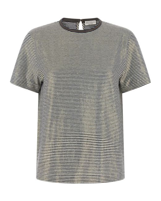 Brunello Cucinelli Gray Shiny Collar Detail T-shirt Multicolor