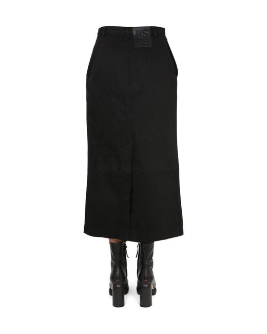 Raf Simons Black Logo Patch Buttoned-Up Denim Midi Skirt