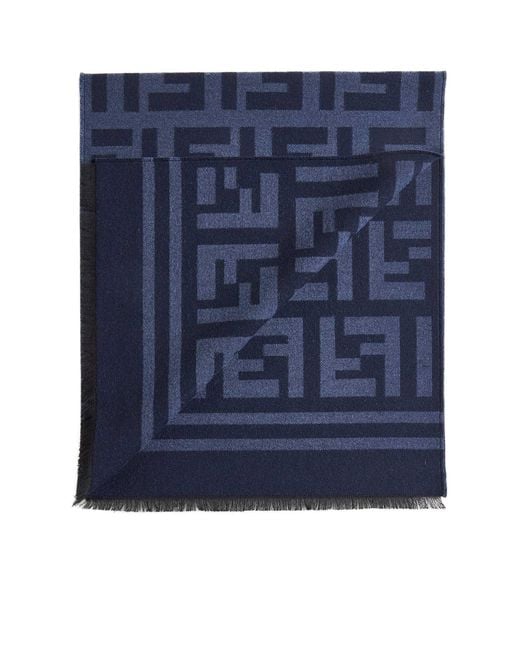 Fendi Blue Ff Motif Frayed-Edge Scarf for men