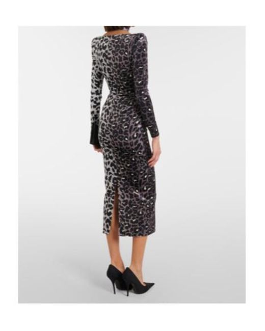 Alex Perry Black Leopard-Print Velvet Midi Dress