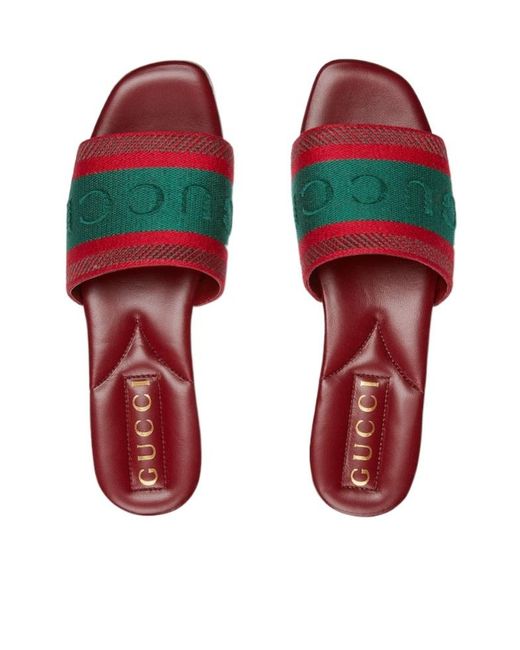 Gucci Red Slide Sandal With Web, Fabric
