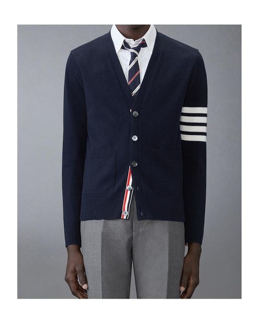 Thom Browne Blue 4-Bar V-Neck Cardigan for men