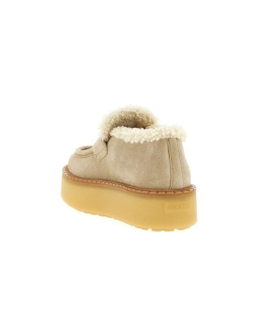 Prada Natural Triangle-Logo Round-Toe Loafers