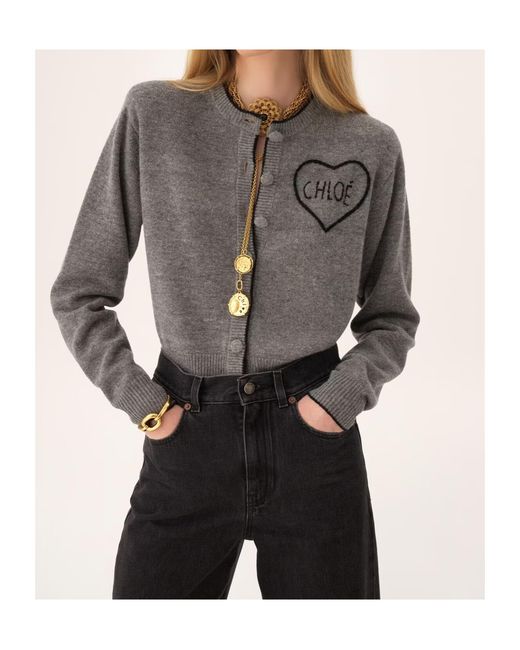 Chloé Gray Chloé Fitted Crewneck Knitted Cardigan