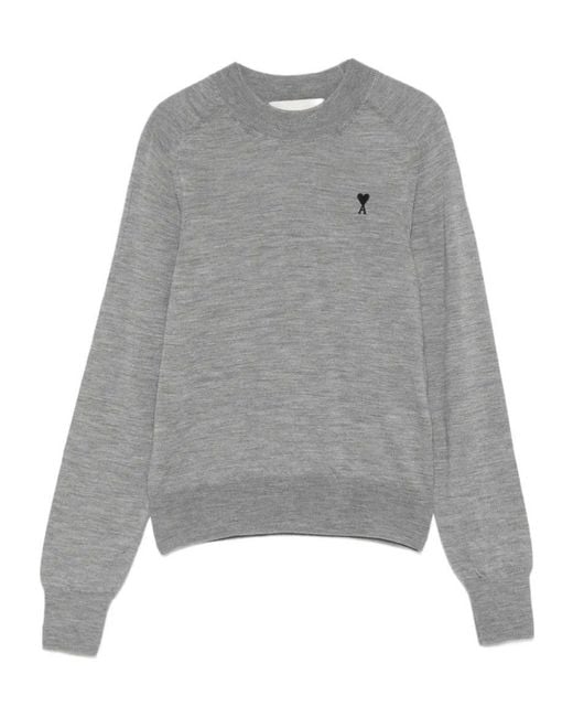 AMI Gray Logo Embroidered Crewneck Knitted Jumper