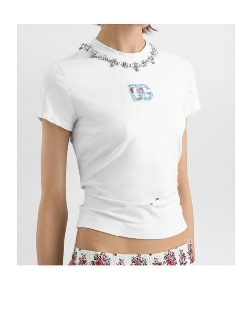 Dolce & Gabbana White Floral-Detail Crew Neck T-Shirt