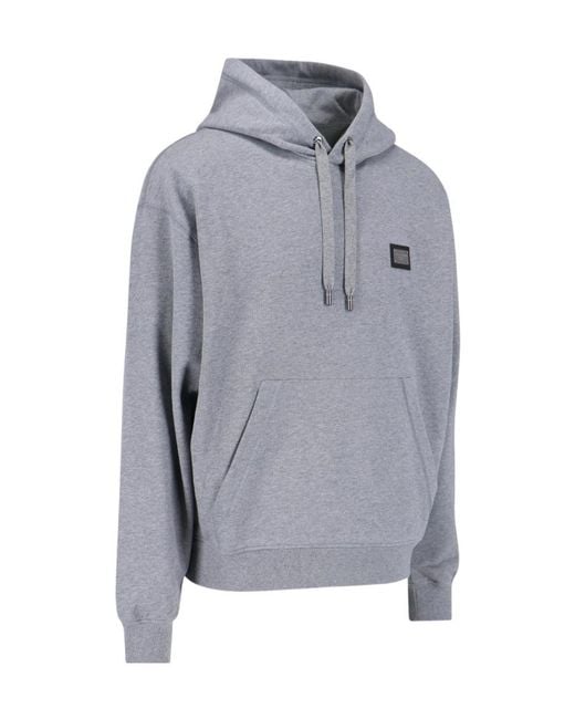 Dolce & Gabbana Gray Logo Plaque Drawstring Hoodie for men
