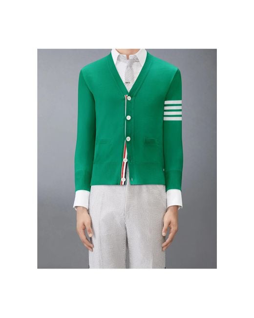 Thom Browne Green Merino Wool 4-Bar Classic V-Neck Cardigan for men