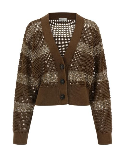 Brunello Cucinelli Brown Open-Knit Striped Cardigan