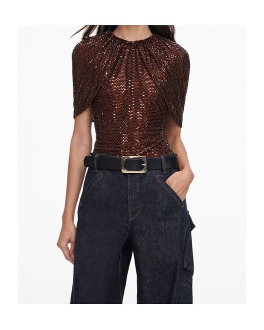 Self-Portrait Brown Sequin-Embellished Cape-Sleeve Top