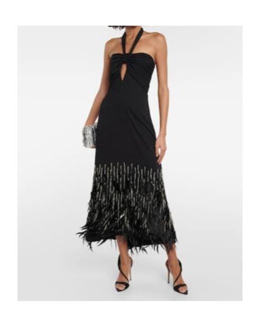 Johanna Ortiz Black Feather-Trimmed Crepe Dress